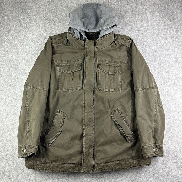 Levis Sherpa Lined Trucker Jacket Mens 2XLT Tall Olive Military Heavy Hooded Zip - Picture 1 of 16
